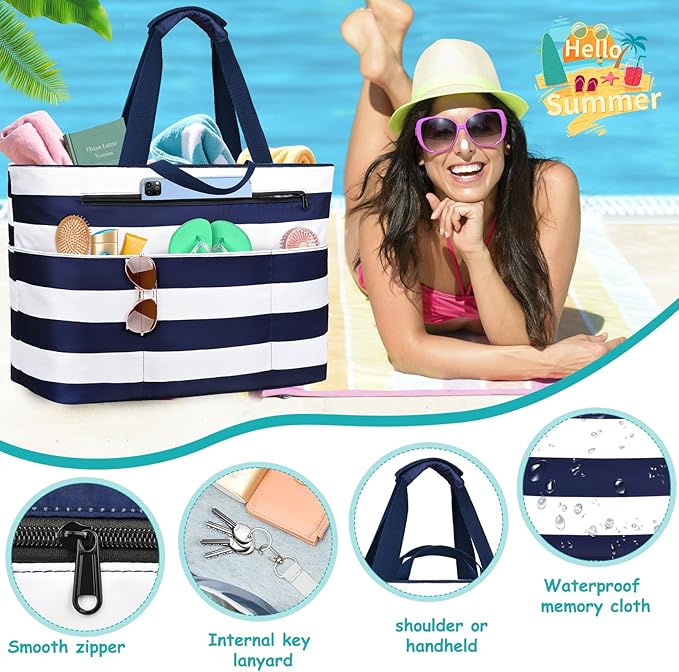 Extra Large Beach Bags for Women, Waterproof Sandproof Beach Tote Bag Zipper - Image 3