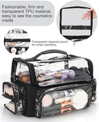 Makeup Brush Bag, Makeup Brush Case for Makeup Artist with Plastic Dividers Washable, Portable Travel Makeup Train Case with Clear Waterproof Cover for Easy to Clean and Find with Adjustable Strap