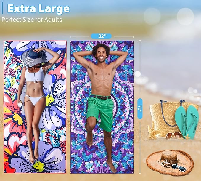 2 Pack Microfiber Oversized Lightweight Beach Towel 71"x32" XL Extra Large Thin - Image 3