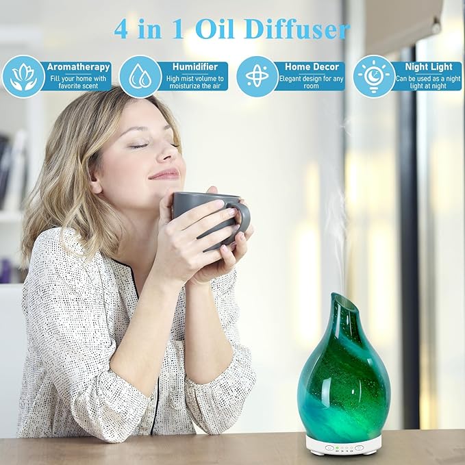 Essential Oil Diffuser 120ML, Glass Aromatherapy Diffuser with 4 Timer Settings & 7 Color Changing Lights, Auto Shut-Off, Ultra Quiet Oil Diffuser for Home, Office, Yoga, Spa and Sleeping