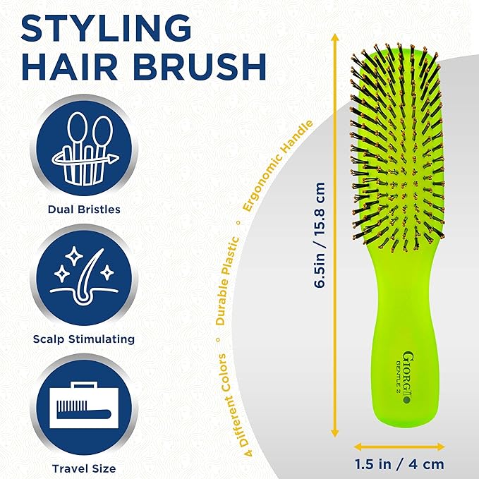Giorgio GION2G Neon Green 6.25 inch Gentle Touch Detangler Hair Brush for Men Women & Kids. Soft Bristles for Sensitive Scalp. Wet & Dry for all Hair Types. Scalp Massager Brush Stimulate Hair Growth