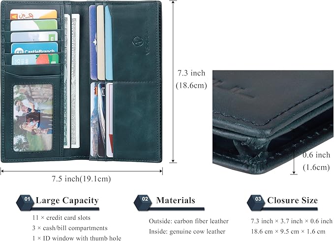 VISOUL Mens Checkbook Leather Wallets Long Bifold Wallets - Image 3