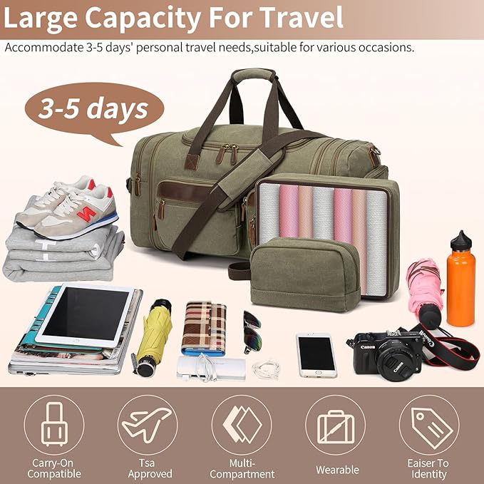 Mens Duffle Bag for Travel 60L Expandable Canvas Weekender Overnight Travel - Image 6