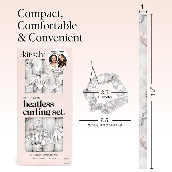 Kitsch Satin Heatless Curlers Set – Heatless Curls Overnight with 34" Hair Curler & 2 Satin Scrunchies, Comfortable No Heat Hair Curlers to Sleep In for Frizz-Free & Non-Damage Styling - Marble