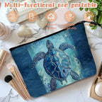 Cosmetic Bags Travel Makeup Toilet Case Waterproof Pouch for Women Girls 6.7X9.45inches - Blue Sea Turtle With Ornamental Patterns