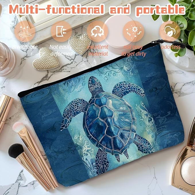 Cosmetic Bags Travel Makeup Toilet Case Waterproof Pouch for Women Girls 6.7X9.45inches - Blue Sea Turtle With Ornamental Patterns