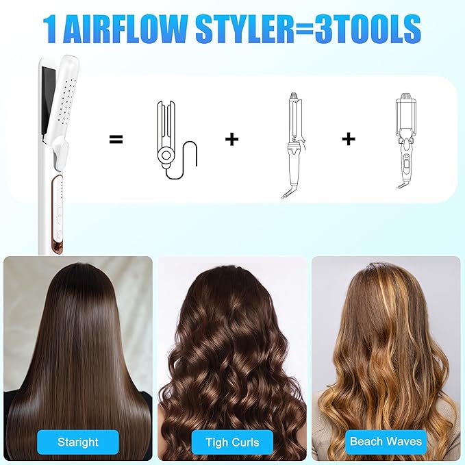 360° Airflow 2-in-1 Curling Iron & Straightener, 5 Temp Ceramic Negative Ion Styler, Cool Air Vents Lock Style, Dual Voltage Professional Hair Styler for Long/Short Hair