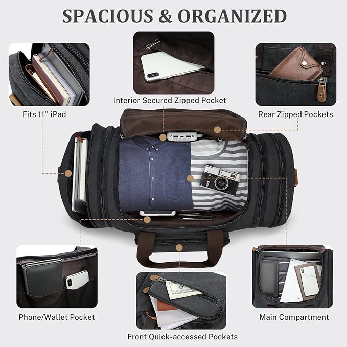Gonex Canvas Duffle Bag for Travel 60L Expandable Duffel Weekend Overnight Bag - Image 6