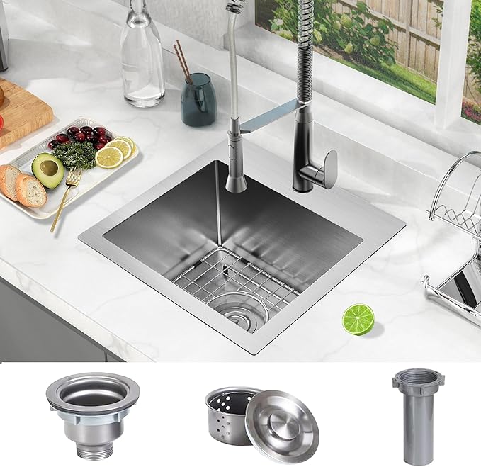 15 x 15 inch Drop in Bar Sink, Small Topmount Kitchen Sink Single Bowl 18 Gauge - Image 2
