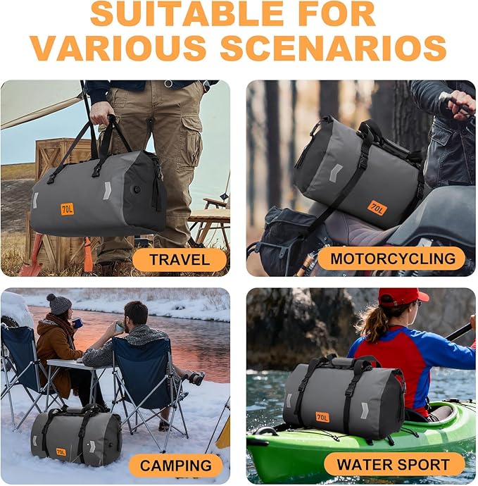 Waterproof Duffel Bag, 70L Roll-top Motorcycle Dry Bag - Image 7