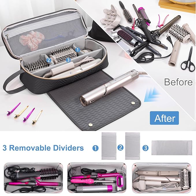 2IN1 Hair Tools Travel Bag with Heat Resistant Mat for Shark Flexstyle, Flat Irons, Straighteners, Curling Iron, Hair Dryer Case Compatible with Revlon One-Step Hair Dryer, Hair Essentials
