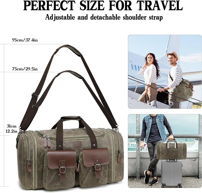 Waxed Canvas Duffle Bag for Men 60L Travel Duffel Bags Expandable Genuine - Image 6