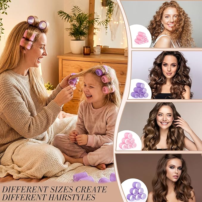 Obeoby 4 Sizes Hair Rollers for Women, 50 Pcs Set Hair Curlers with Clips Comb Curlers for Long Short Curly Hair and Bangs (25, 36, 48, 60mm), Pink Purple