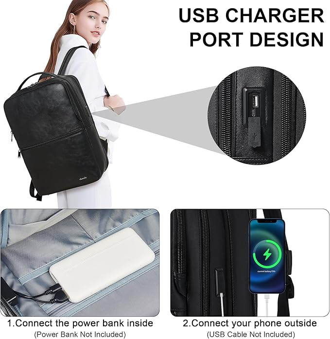Vegan Leather Laptop Backpack for Women&Men, 16 Inch Expandable Backpack - Image 5