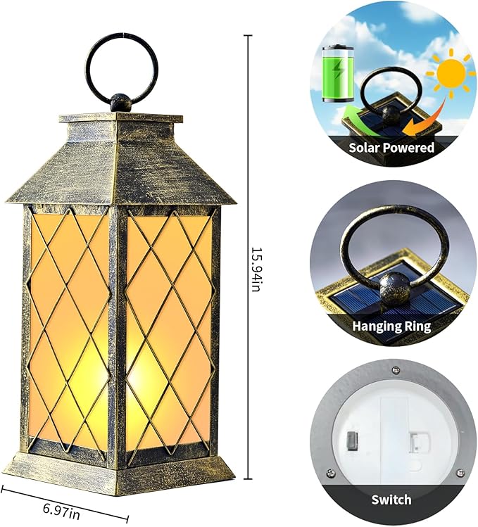 18" Solar Lantern with Flickering Flame Light, Large Outdoor Waterproof Solar - Image 4