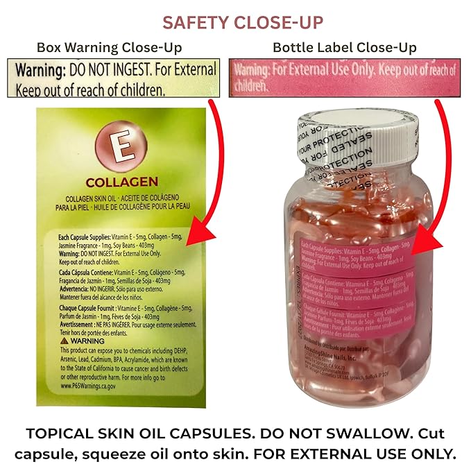 Amazing Shine Collagen Skin Oil Capsules, Topical Use Only, Single Use Twist Off Capsules, External Skin Oil, 90 Capsules