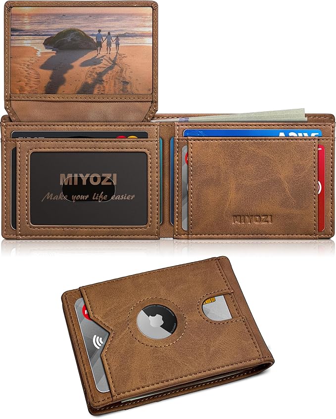 Airtag Wallet for Men, with Cash Pocket 2 ID Window 13 Cards, Slim Leather by Miyozi