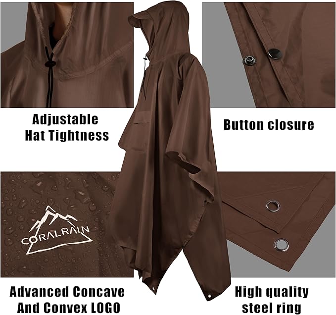 Coralrain Hooded Rain Poncho Lightweight Waterproof Unisex Raincoat Jacket - Image 3