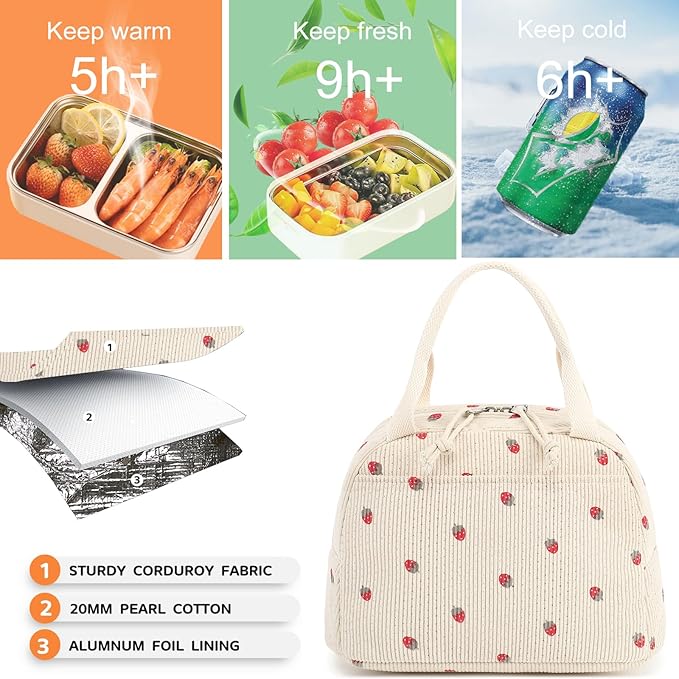 Bluboon Lunch Bag for Women Men Cute Corduroy Lunch Tote Bags Reusable - Image 5