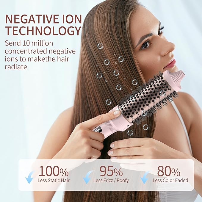 K&K 1 1/2 Inch Ceramic Tourmaline Ionic Heated Round Brush Curling Brush Creates Blowout Look -Creates Root Volume & Loose Curls Volume Curls Dual Voltage Hair Styling Tool (Pink, 1.5 Inch)