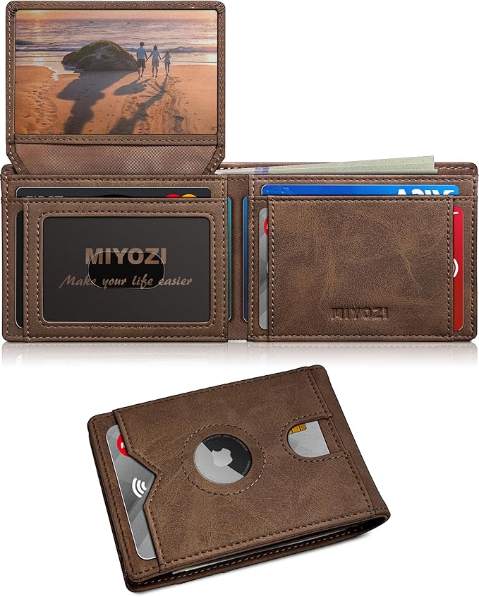 Airtag Wallet for Men, with Cash Pocket 2 ID Window 13 Cards, Slim Leather by Miyozi
