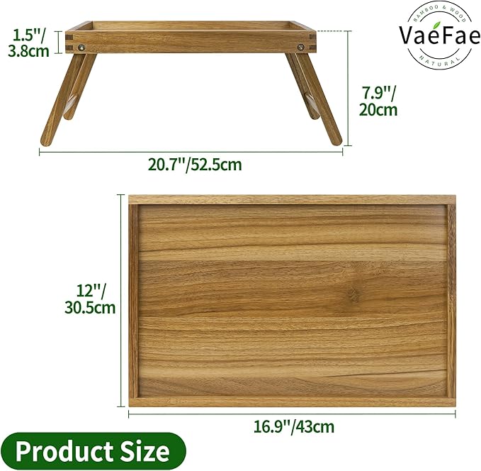 VaeFae Acacia Bed Table Tray, Wooden Breakfast Tray - Image 3