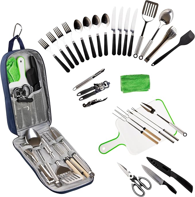 30 Pcs Camp Cooking Utensil Set & Outdoor Kitchen Gear Cookware Kit, Portable by Life+2+Go