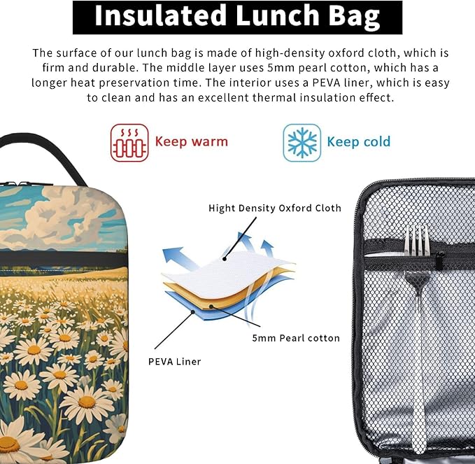 Daisy Flower Lunch Box for Kids Aldults, Nature Floral Reusable Thermal - Image 5