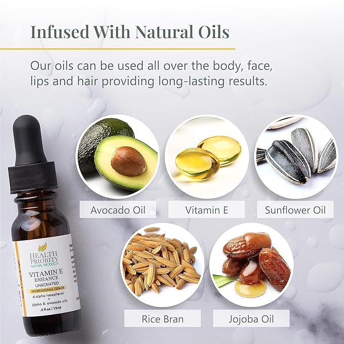 Health Priority Naturals|Organic Vitamin E Oil for Skin - Jojoba, Avocado Oil - Unscented, Handcrafted for Face/Hair, Non-GMO, No Gluten, 15000 IU, 0.5 Fl oz