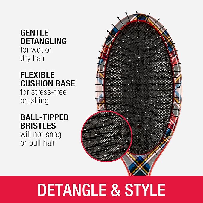 Conair Detangling Hair Brush Set 3 Pack, Use Wet and Dry and ideal for All Hair Types, Detangler Brushes for Women and girls, gifts for her, Tartan, Red, Green