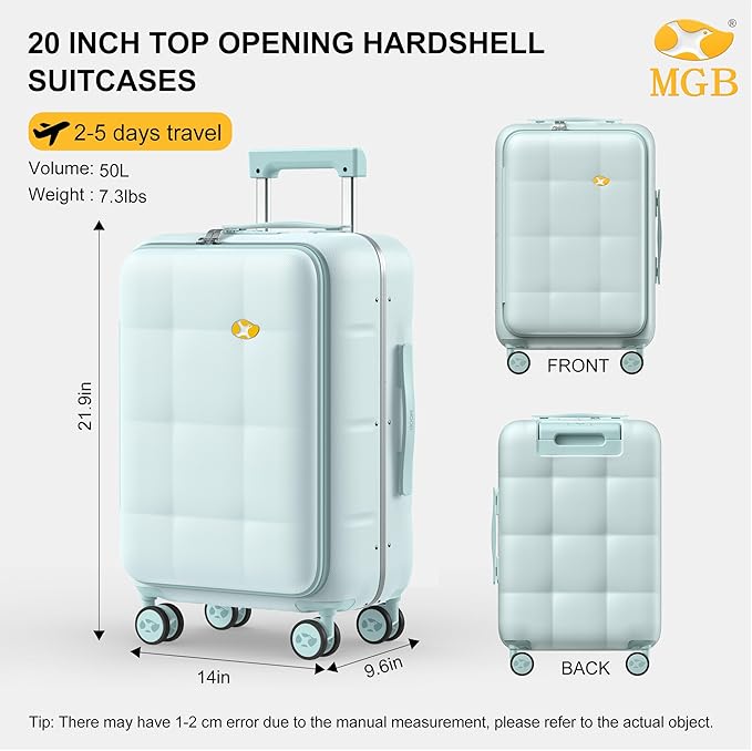 MGB 20 Inch Top Open Carry On Luggage 22x14x9 Airline Approved, Hard Shell - Image 3