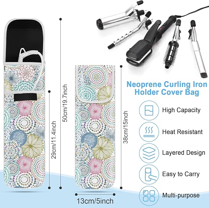 Shappy 2 Pcs Heat Resistant Hair Tools Bag Curling Iron Travel Case Cover Neoprene Flat Iron Holder Travel Case and Silicone Mat Pouch for Hot Hair Tools Storage Organizer(Line Flowers)