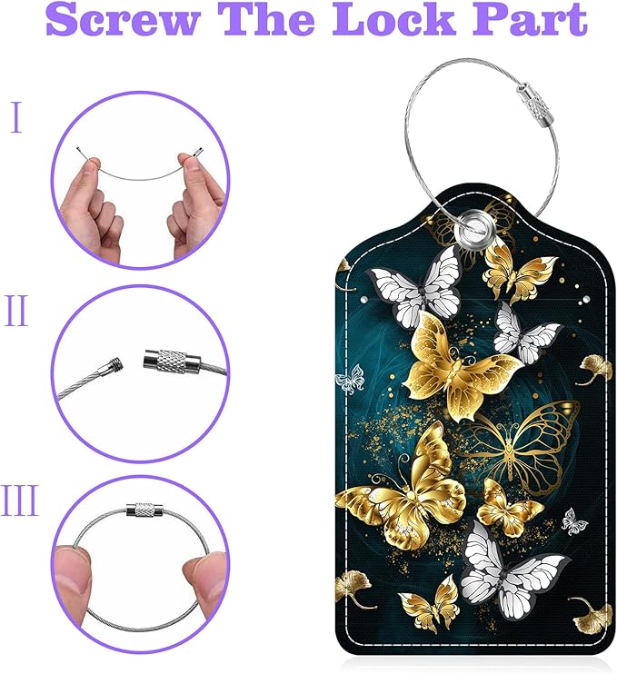 Set of 2 Luggage Tags Golden and White Butterfly Leather Suitcases Tag - Image 4