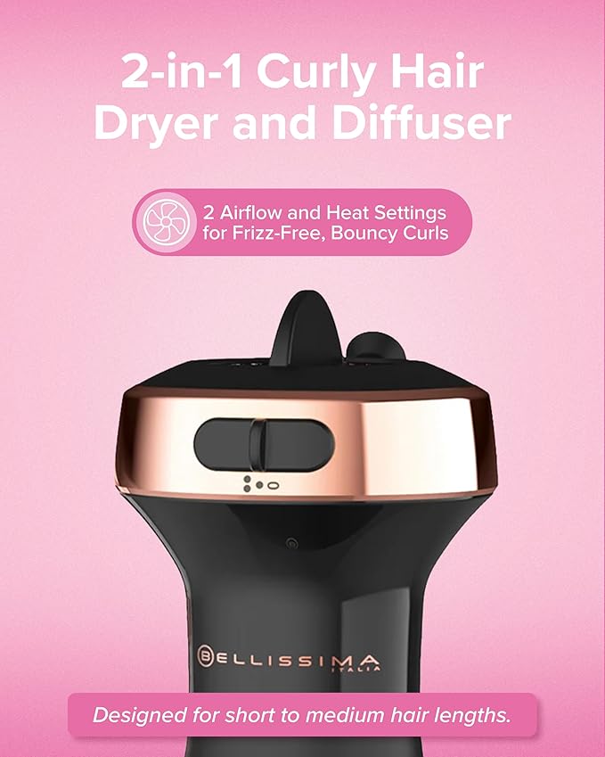 Bellissima Diffon Ceramic Diffuser Hair Dryer for Curly Hair - 2-in-1 Blow Dryer with Diffuser - Reduces Frizz, Defines Curls, Volumizes - Lightweight, Compact, Easy Hold Handle