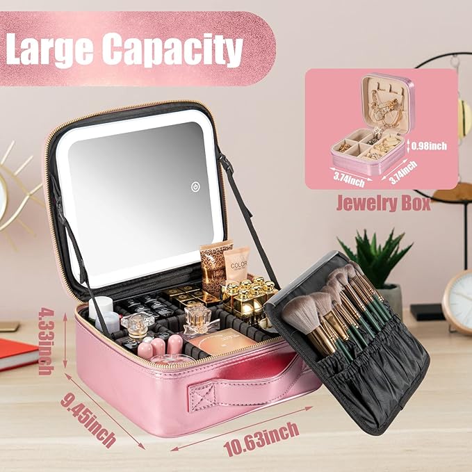 Makeup Travel Train Case with Mirror LED Light 3 Adjustable Brightness Large - Image 5