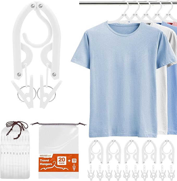 HOUSE DAY Foldable Travel Hangers 20 Pack w/10 Clips, Cruise Essentials 2025 by HOUSEDAY