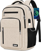 Beige Backpack for Men Women, School Backpack for Boys Girls Teens, 15.6 Inch by Skaypibs