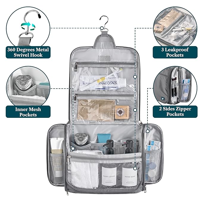 PAVILIA Large Hanging Toiletry Bag Travel Bag Women Men, Cosmetic Organizer - Image 3