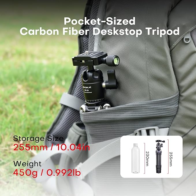 AOKA 15.75in/0.99lb Mini Carbon Fiber Tripod, Compact Pocket Travel Tabletop - Image 2