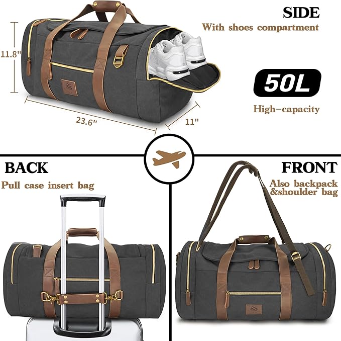 Vintage Canvas Duffle Bag, 50L Genuine Leather Travel Duffel Backpack - Image 3