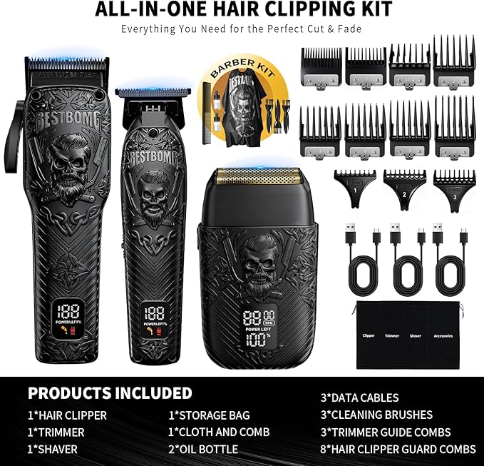Professional Cordless Mens Hair Clippers & Beard Trimmer and Electric Shavers Kits & Sets,Metal Hair Clippers Cutting Grooming Kit with Long Battery Life for Family Barber Use (Black)