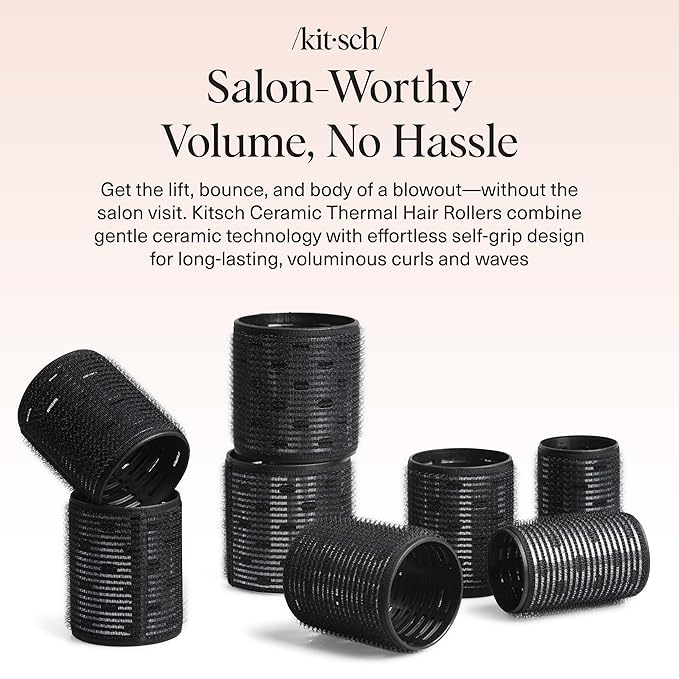 Kitsch Ceramic Thermal Hair Rollers for Women – Self Grip Hair Curlers for Heatless Curls Overnight - Volumizing Large Rollers for Short & Long Hair - For Long Lasting Frizz-Free Curls - Black, 8pcs