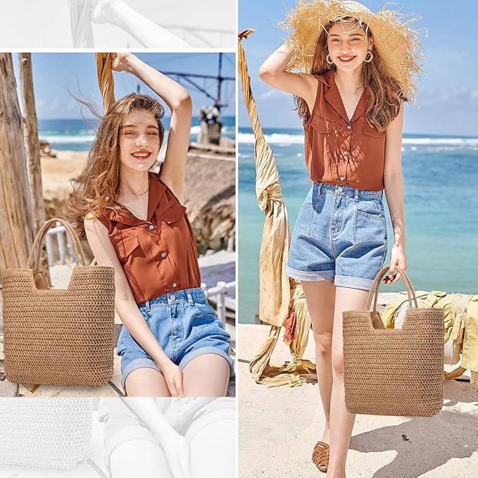 Straw Beach Bags for Women Woven Beach Tote Bag Casual Boho Large Shoulder - Image 2