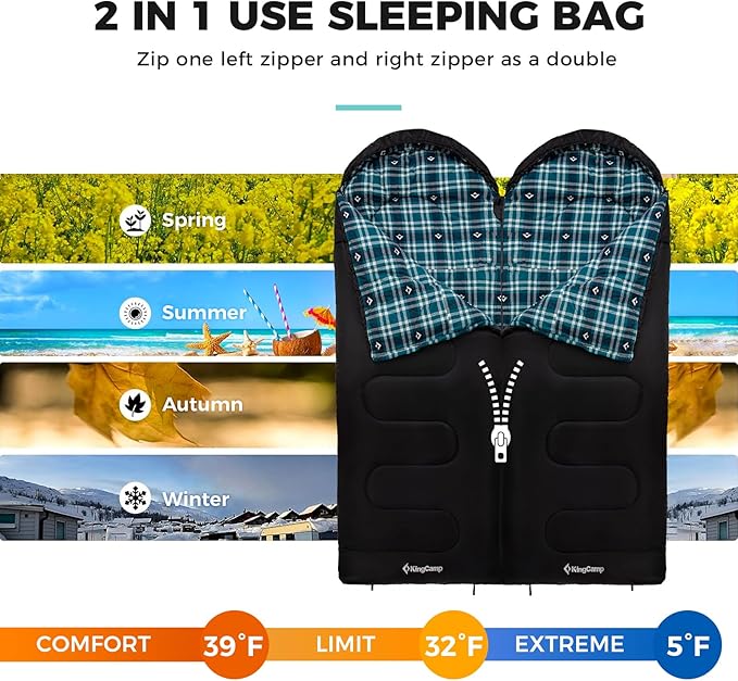 KingCamp Sleeping Bag for Adults, Cold Weather & Warm XL Big and Tall Flannel - Image 6