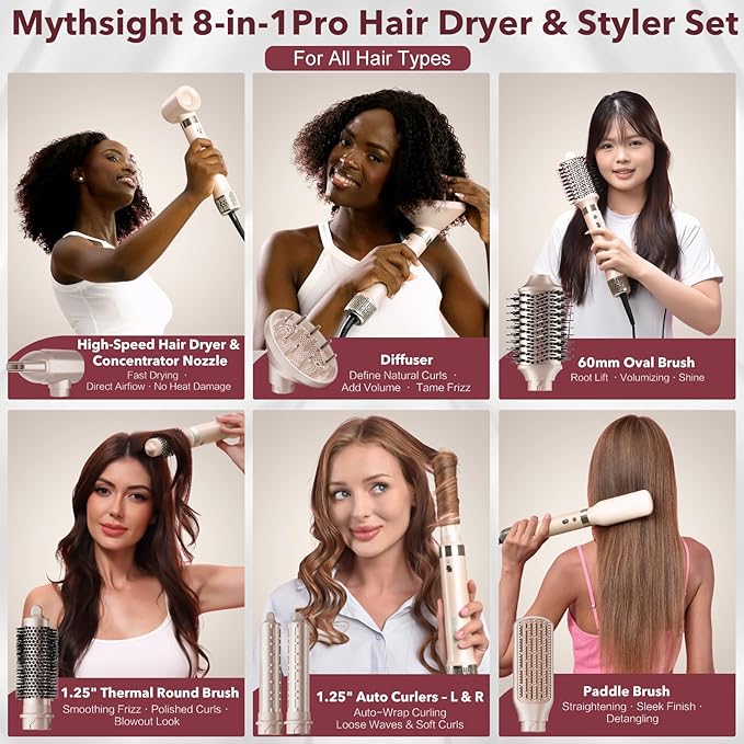 StyleVibe 8-in-1 Air Styler, Hair Dryer & Blow Dryer Brush with Travel Case - Auto Wrap Curls (L/R), Fast Drying, Thermal Round Brush for Smooth Blowouts & Frizz-Free Volume, No Heat Damage