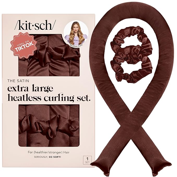 Kitsch XL Satin Heatless Hair Curler Set - Heatless Curls for an Overnight Blowout, Comfortable Hair Curlers to Sleep In for Frizz-Free, No Heat Damage Styling, Jumbo Curling Rod Headband - Chocolate