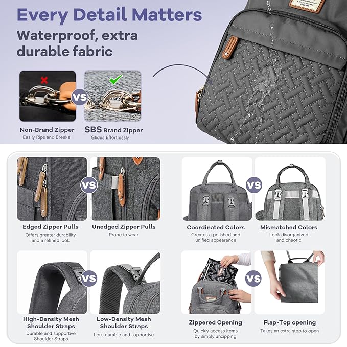 RUVALINO Diaper Bag Backpack, Large Capacity, Waterproof, Dark Gray - Image 6