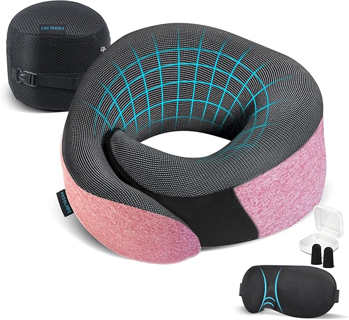 Pink Airplane Travel Pillow Set, 100% Pure Memory Foam Neck Pillow, Updated by Proglobe