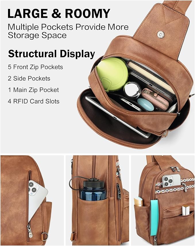 FADEON Large Sling Bag for Women, Leather Crossbody Purse Designer Anti Theft - Image 6