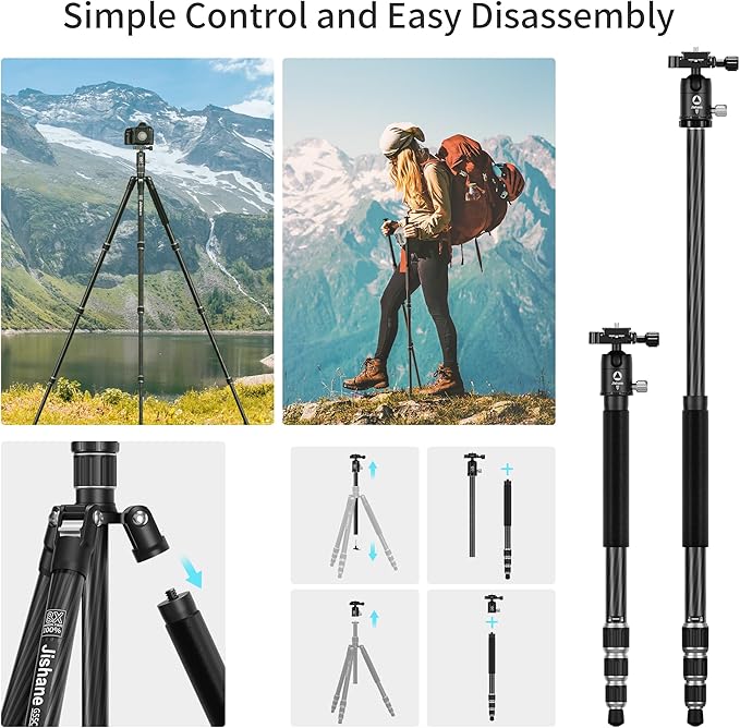 Carbon Fiber Camera Tripod, 1/4" Arca QR Plate, Compact Lightweight Travel - Image 6